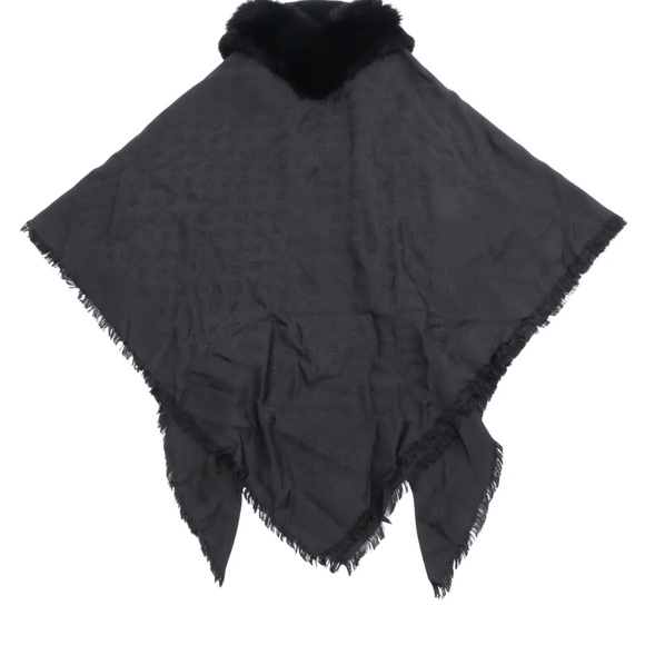 LOUIS VUITTON LV EUC MONOGRAM SHAWL SILK WOOL FUR BLACK - Picture 2 of 7